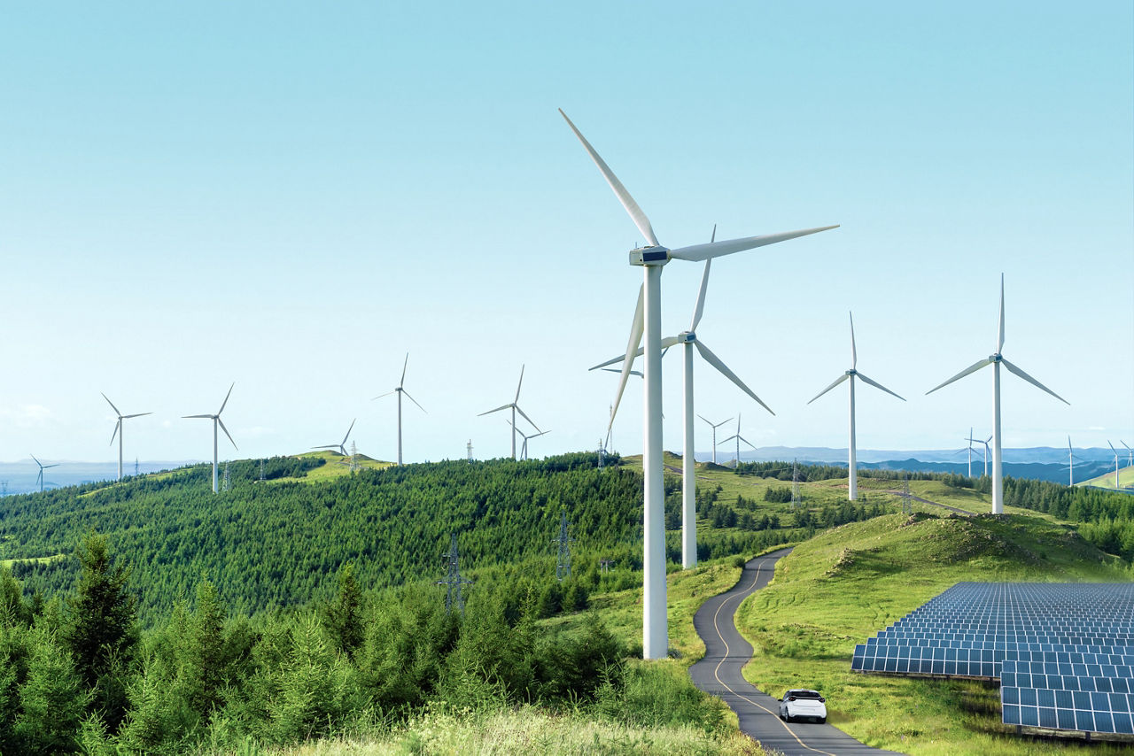 wind turbines and solar fields