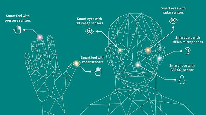 Graphic of a human head showing sensors as sensing organs