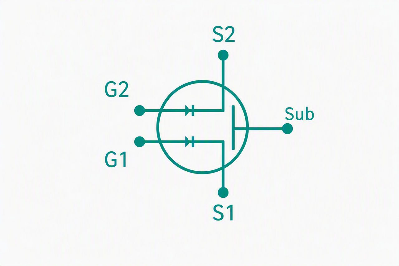 Schematic symbol of a monolithic GaN bidirectional switch (BDS), showing a single device with two source/drain terminals (S1, S2), two independent gates (G1, G2), and a substrate terminal (Sub).