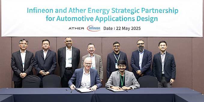 (From L-R seated): Peter Schaefer, Executive Vice President and Chief Sales Officer Automotive, Infineon; Swapnil Jain, Executive Director and CTO, Ather Energy (From L-R standing) Hong Sung-il, Senior Director, Head of Vehicle User Experience & E/E Architecture, Automotive Segment, Infineon Technologies Asia Pacific, Gerald Phua, Distribution Marketing Director, Infineon Technologies Asia Pacific, Girish Kamala, Senior Director & Country Head – Sales Automotive, Infineon Technologies Asia Pacific