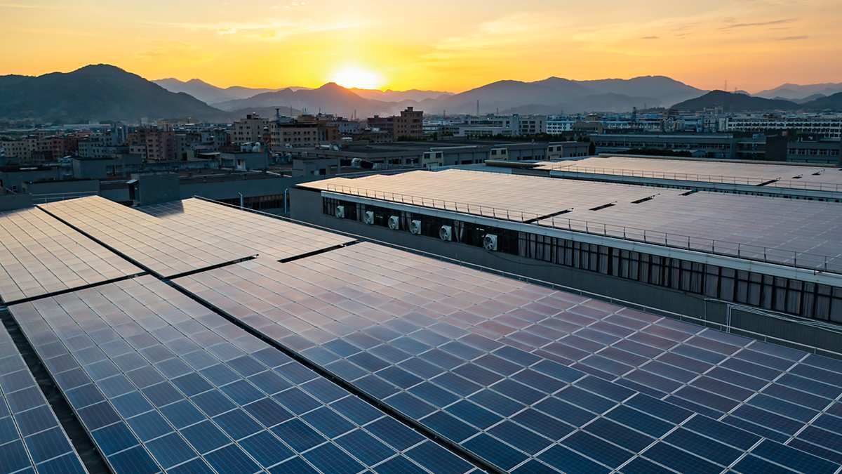 Solar power plant and romantic sky at sunset