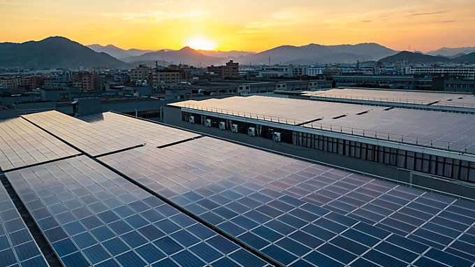 Solar power plant and romantic sky at sunset