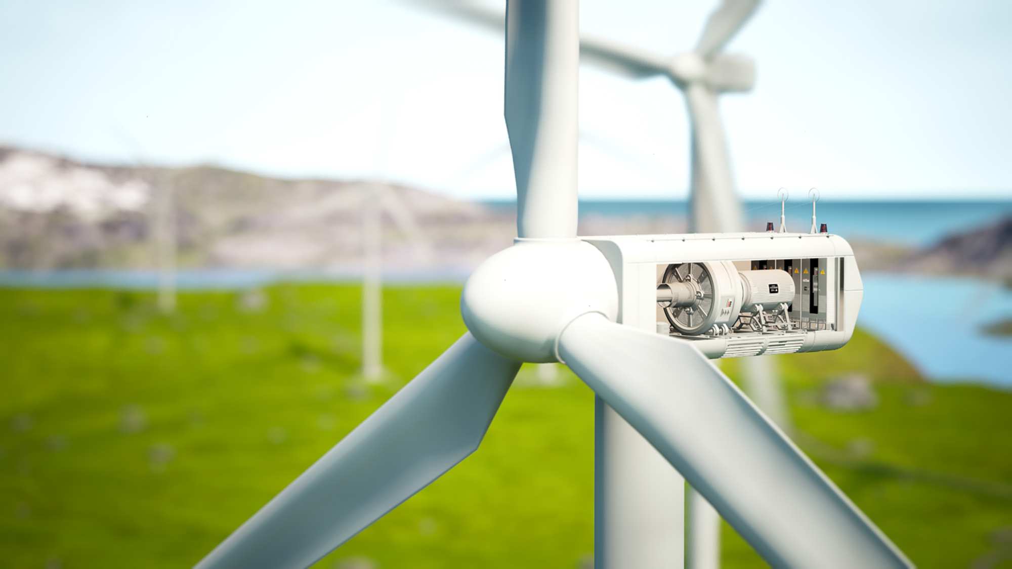Wind turbine full view with blades and with view in nacelle