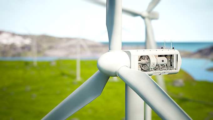 Wind turbine full view with blades and with view in nacelle